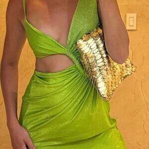 Long green dress with statement